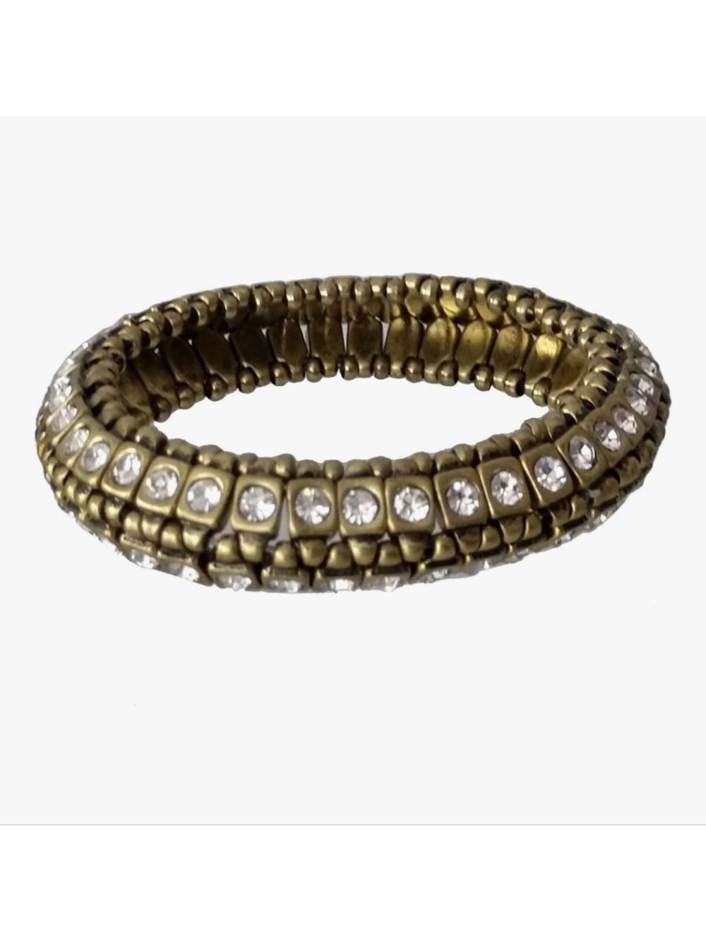 Chico's goldtone and rhinestone "Tanga" bracelet Articulate Elastic 7-8"